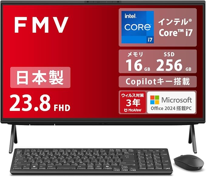 富士通 FMV Desktop F WF1-K1 23.8型 一体型PC（Core i7/16GB/256GB/Office 2024/ブラック）の商品画像