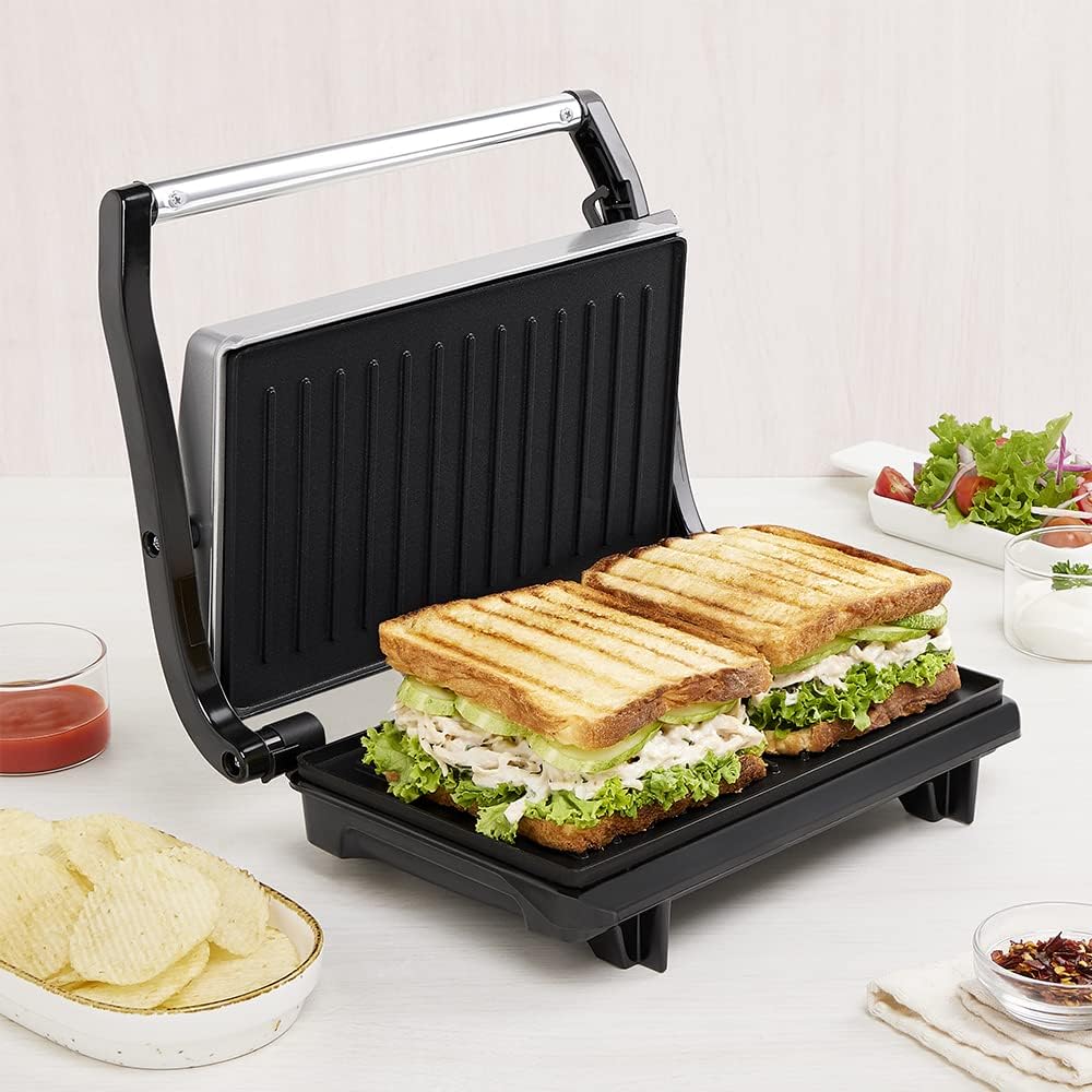 Borosil 800W Prime Grill Sandwich Maker | Can Make 2 Large Sandwich | Made in India, BIS Approved | Nonstick Coated Plates, Even Grilling | Cool Touch Handle | Indicator Light | 2 Years Warranty