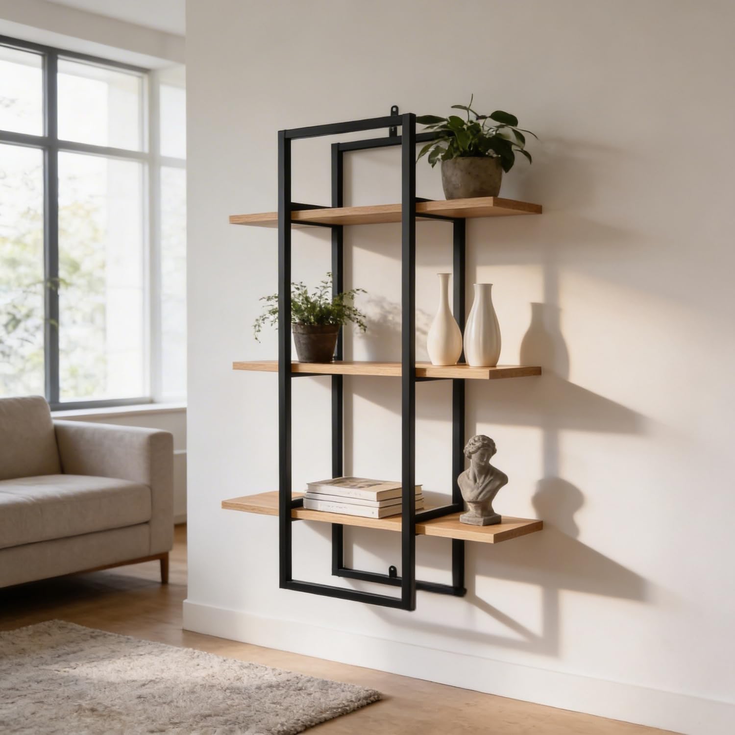 Mighty Home Floating Wall Shelf with Black Metal Frame – Wooden Wall-Mounted Shelves for Books, Plants & Decor | DIY Organizer for Home & Office (Beige, 3-Tier)-image-45