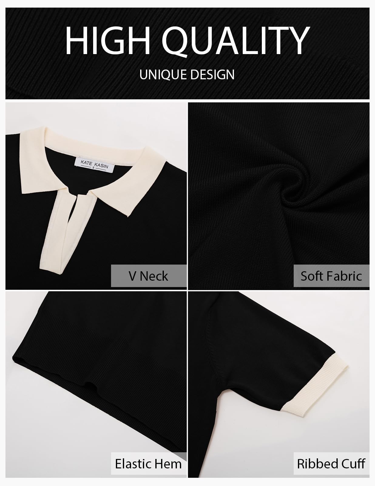 Kate Kasin Jersey para mujer, manga corta, verano, elegante, polo básico, parte superior de punto