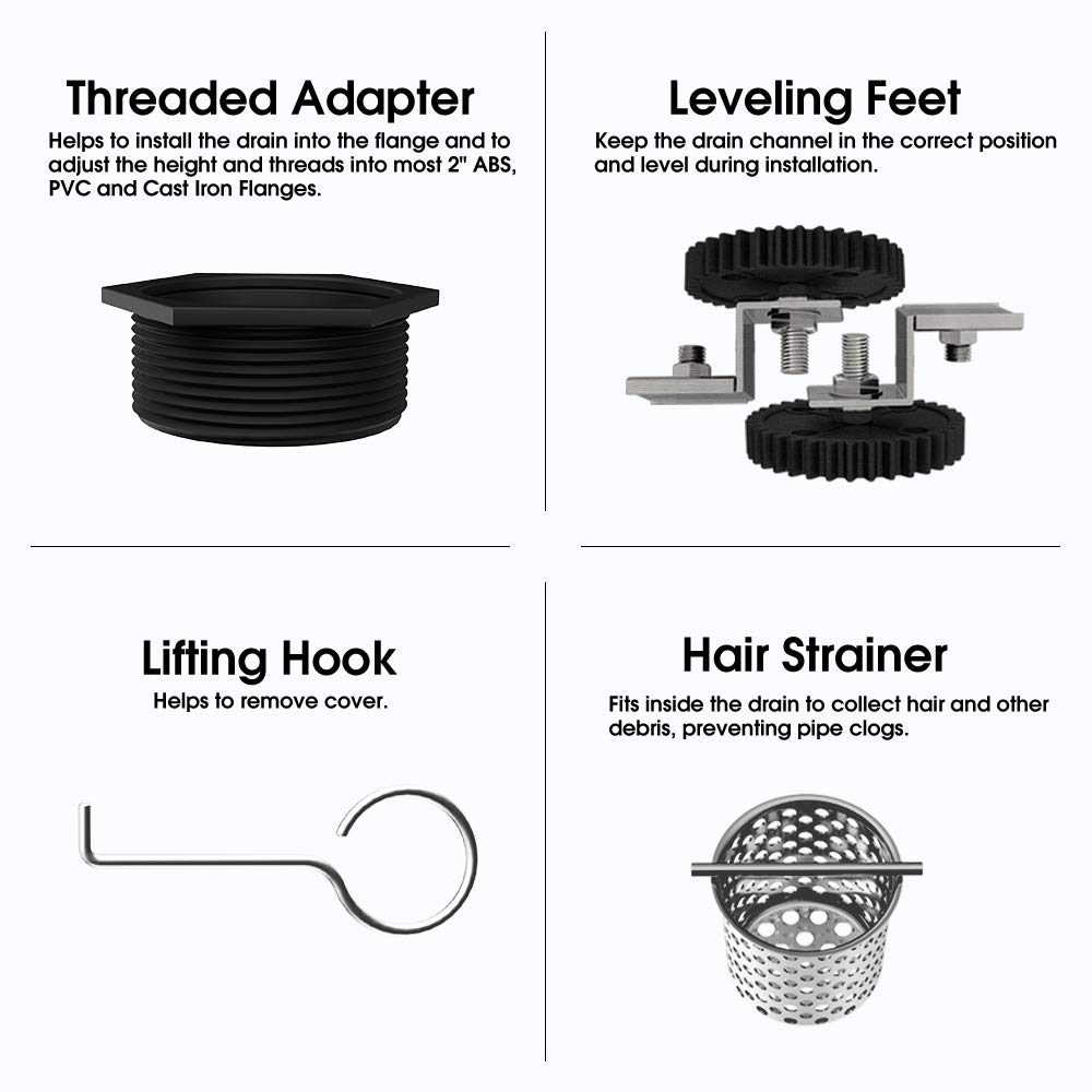 USHOWER 48-Inch Long Linear Shower Drain with Removable Square Pattern Grate, SUS304 Stainless Steel, Includes Hair Strainer, Brushed Nickel