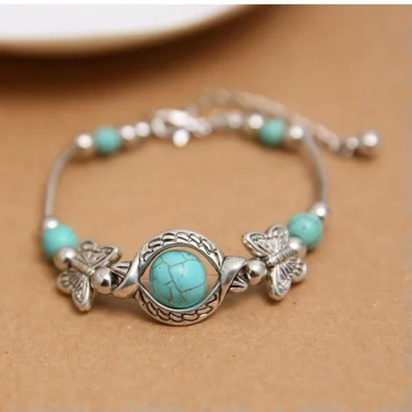 King Trendy Mujer Pulsera de Mariposa Patrón Tallado Personalidad Cuentas Turquesa Cadena de Mano
