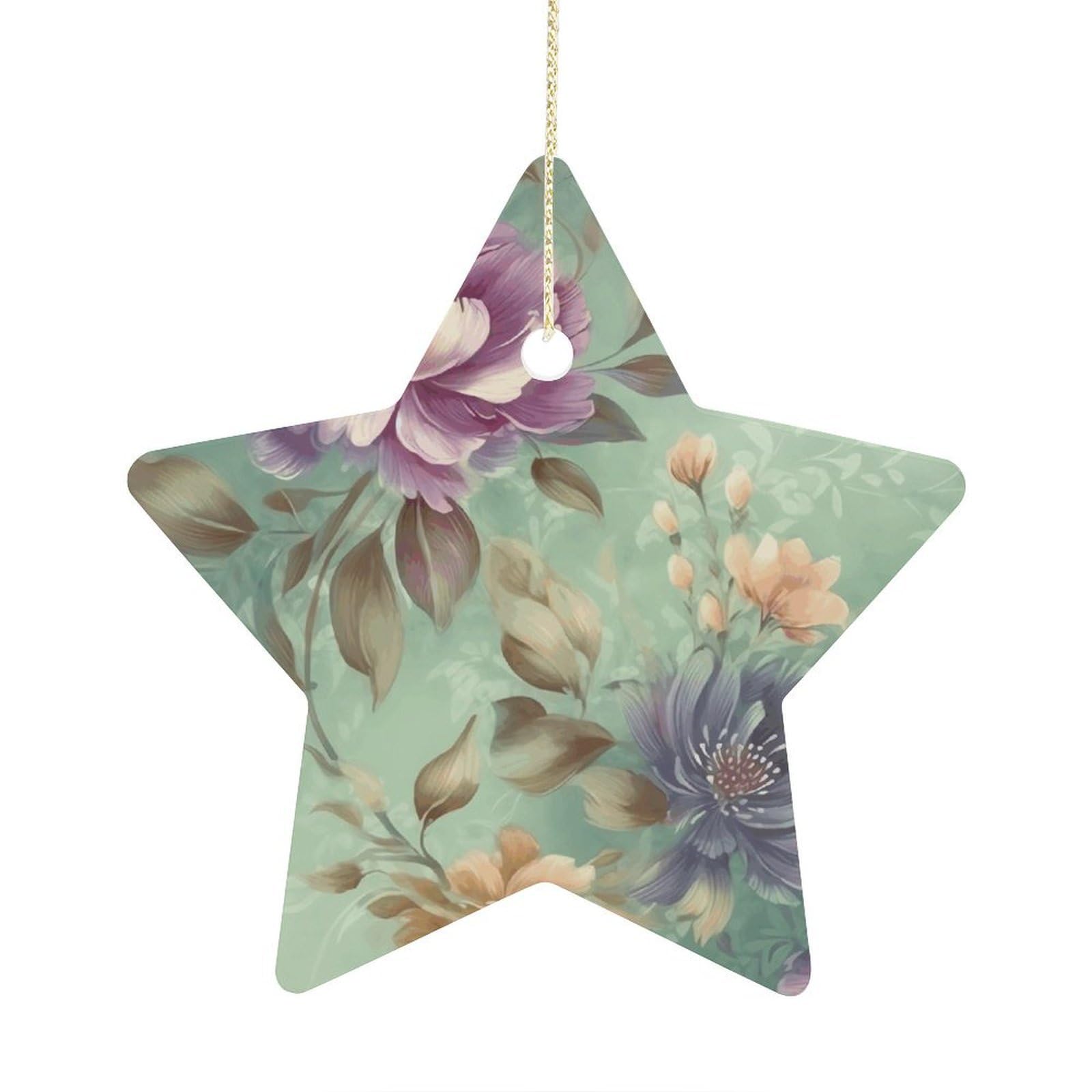 Fodpand Women's Style Flowers On Green Background Ornament With String, Keepsake Hanging Decorations,Ceramic Ornaments For Men Indoor Home Holiday Party Gifts