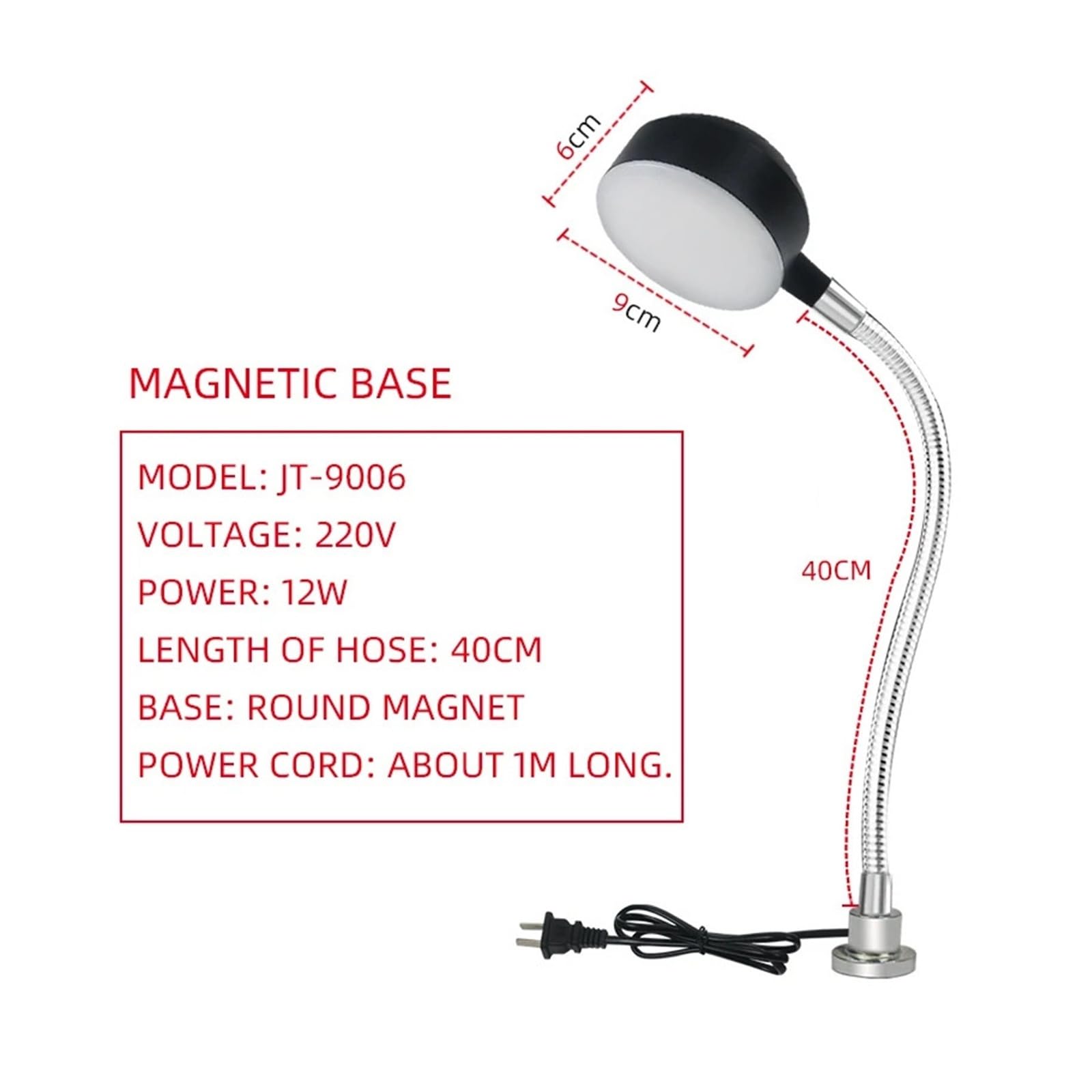 Tokarka światło robocze LED, 12 W, 110-220 V, 24-36 V, elastyczna, długość 40 cm, klips typu łabędzia szyja, magnetyczna lampa podstawowa (przełącznik magnetyczny, US)