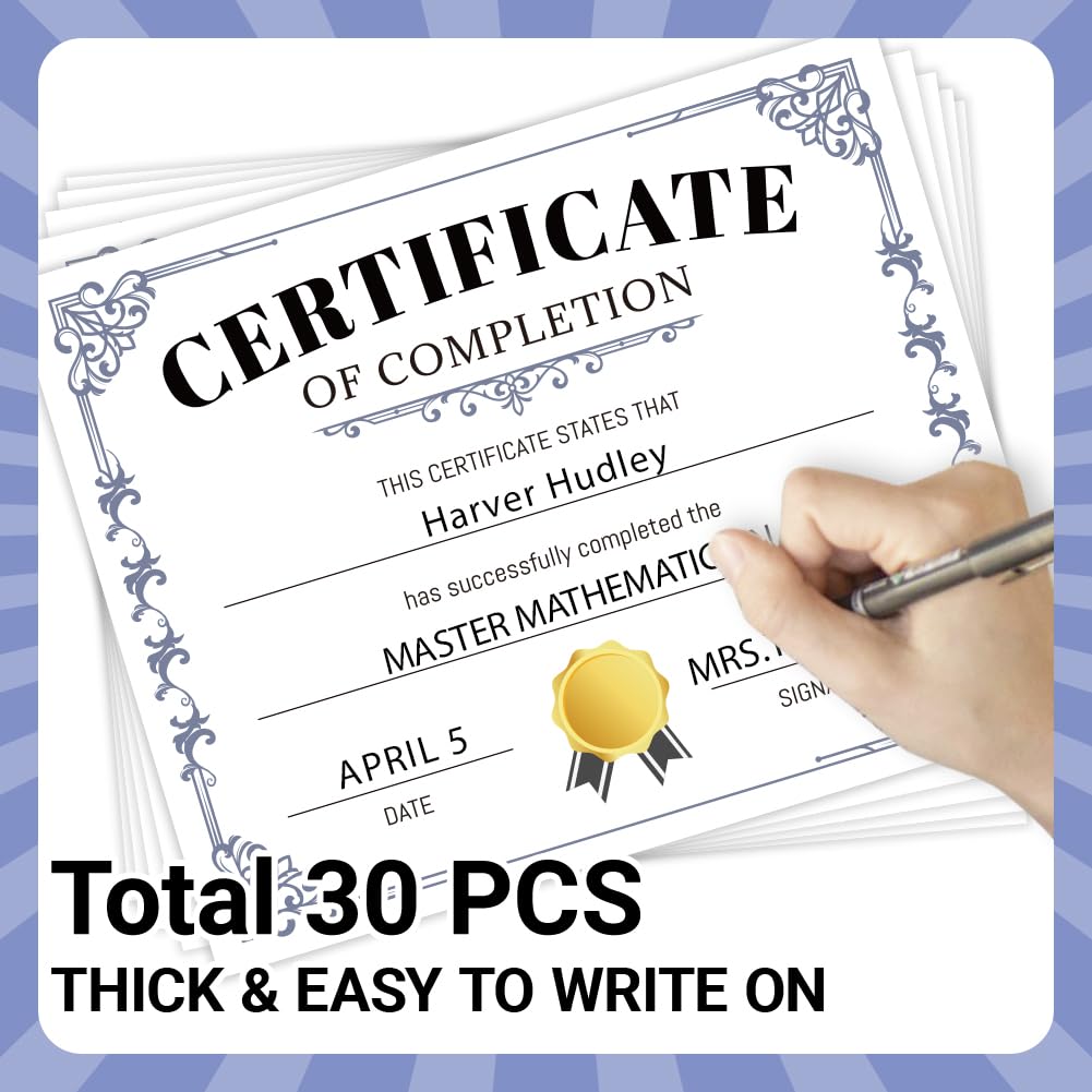 Lot de 30 certificats de réussite minimalistes bleus - Papier de reconnaissance - 25 x 20 cm