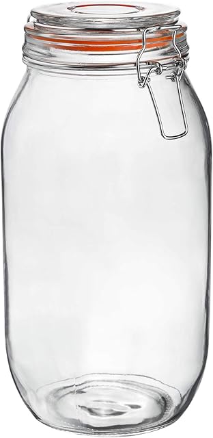 Argon Tableware 2000ml (2 Litre) Clear Glass Storage Jar with Orange Airtight Silicone Seal and Metal Clip Lid - 70.3oz Large Empty Kitchen Container