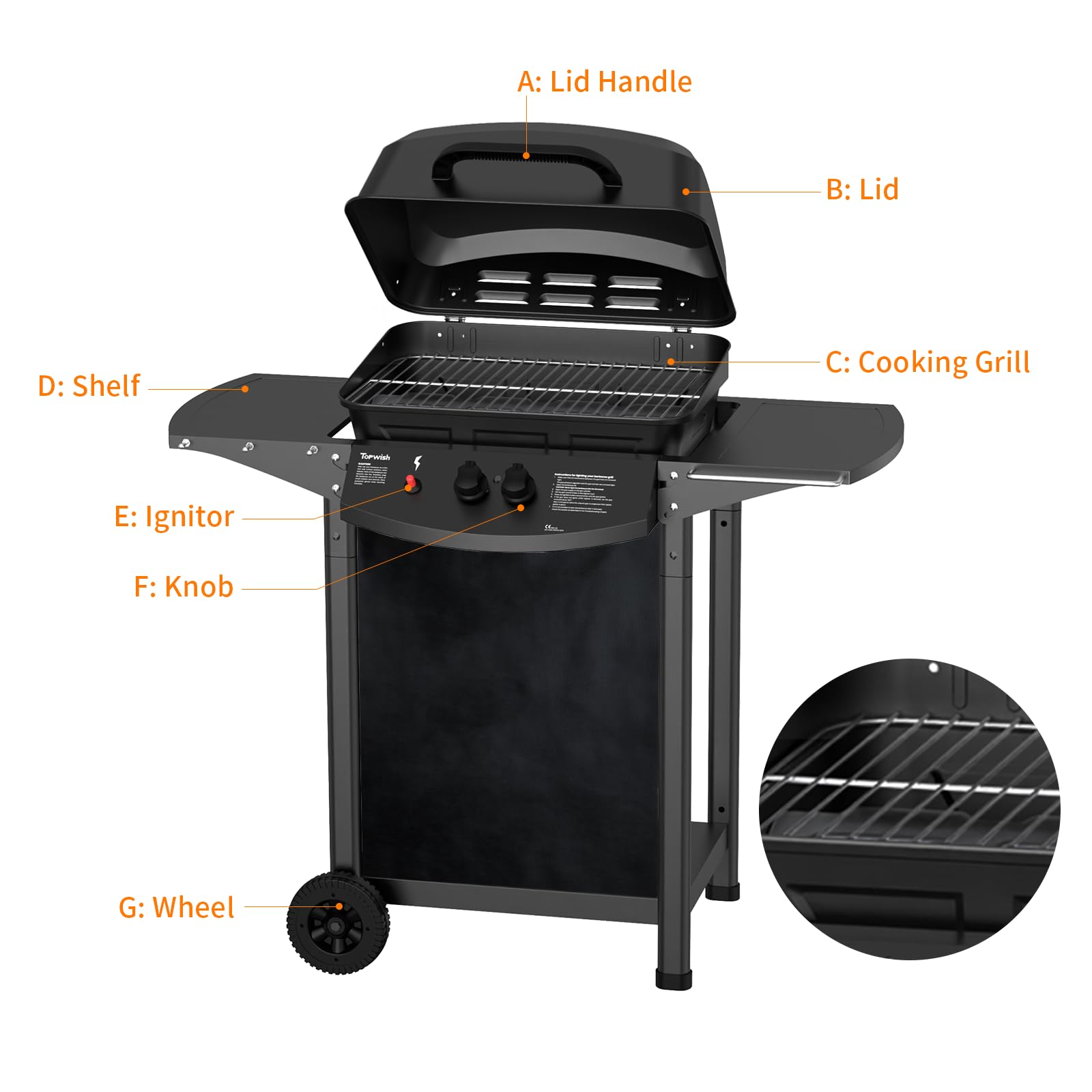 Topwish barbecue a gas,barbecue gas 2 fuochi | giardino griglia picnic,grill barbecue,ripiano lat ribaltabile,su ruote,6000W,106.44*55.6*103.85cm