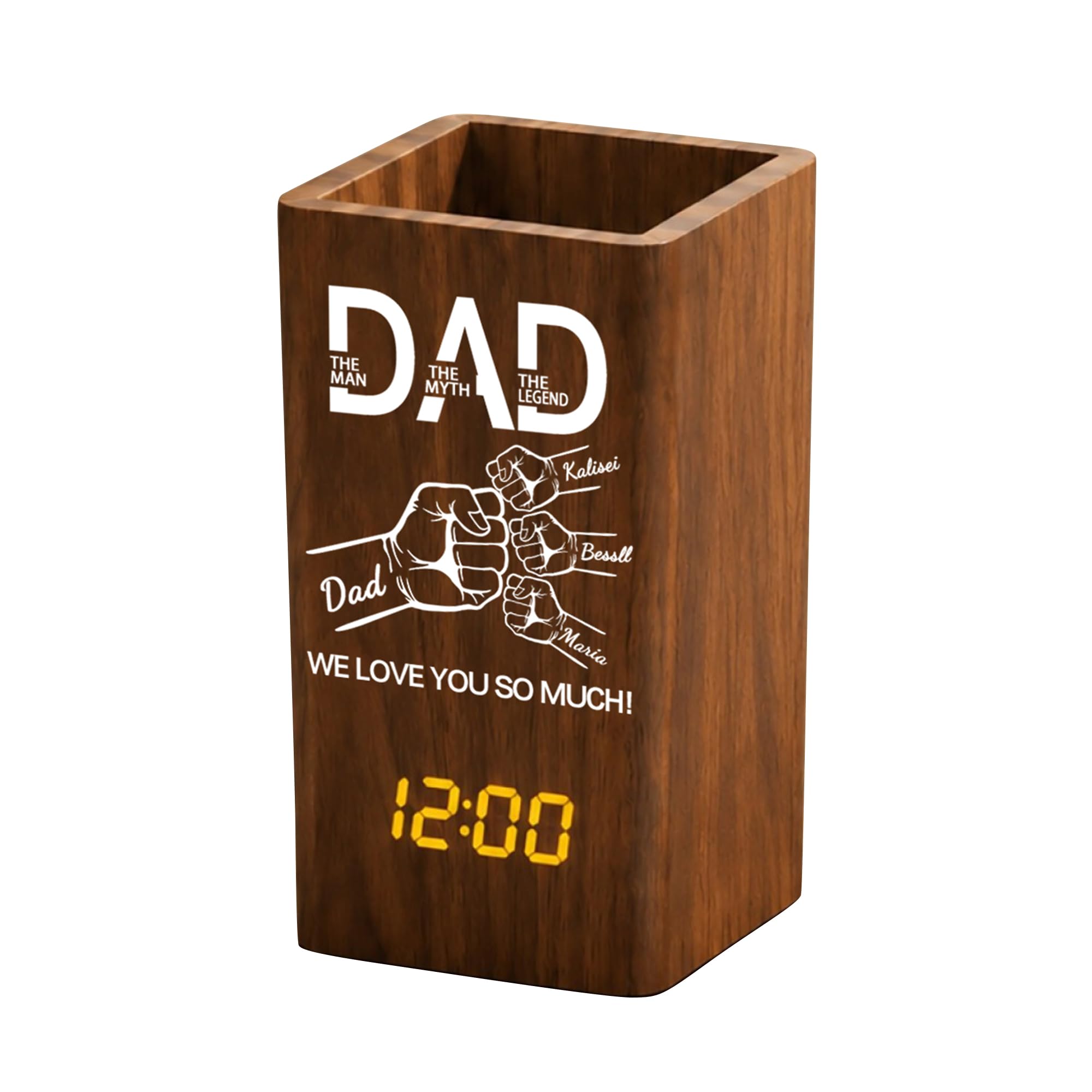 BFHEFGSUU Personalised Dad Fist Bump Pencil Pot With Clock Custom 1-10 Names Funny Clock Pen Holder Desktop Decor Gift Dad Couple Family Father's Day Birthday Xmas (S 14)