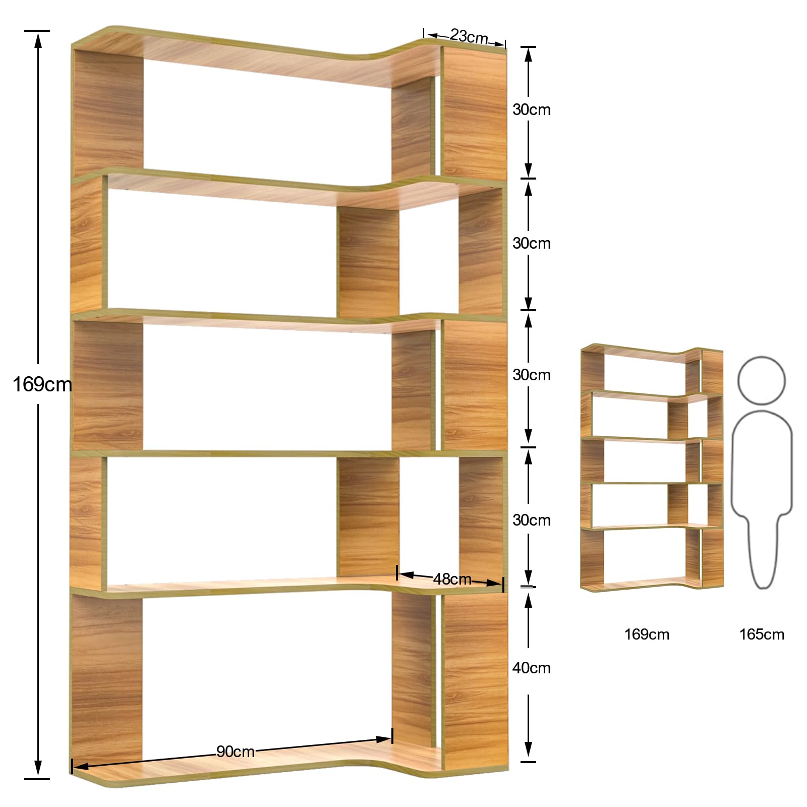 Estantería esquinera de 5 plantas, madera, altura: 169 cm, gran estantería, estilo moderno, mueble de almacenamiento para salón, estudio, dormitorio, blanco