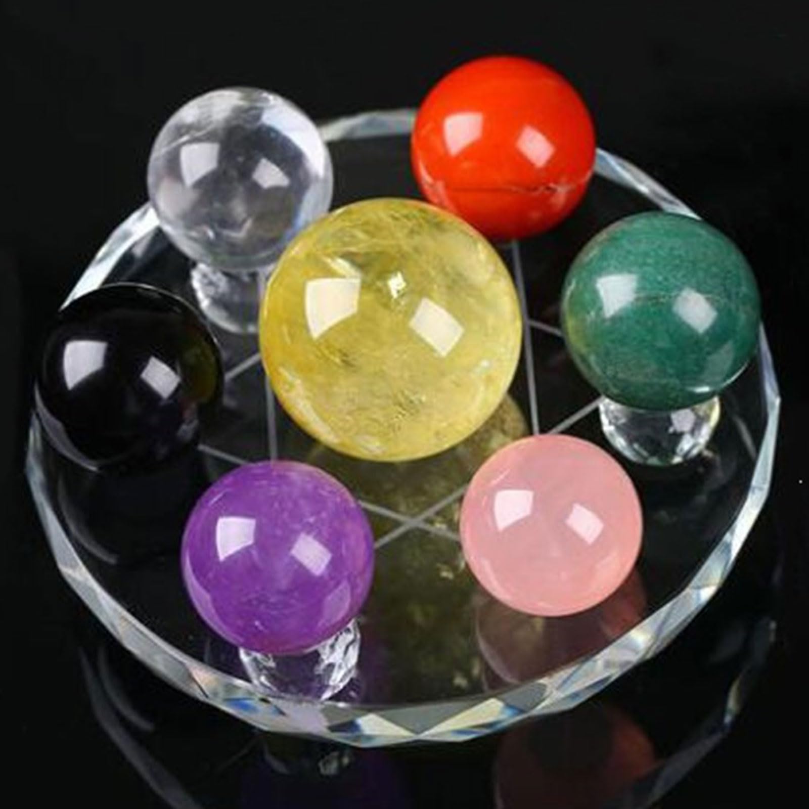 7 Boules de Cristal Chakra et Support Obsidienne Sphères Naturelles