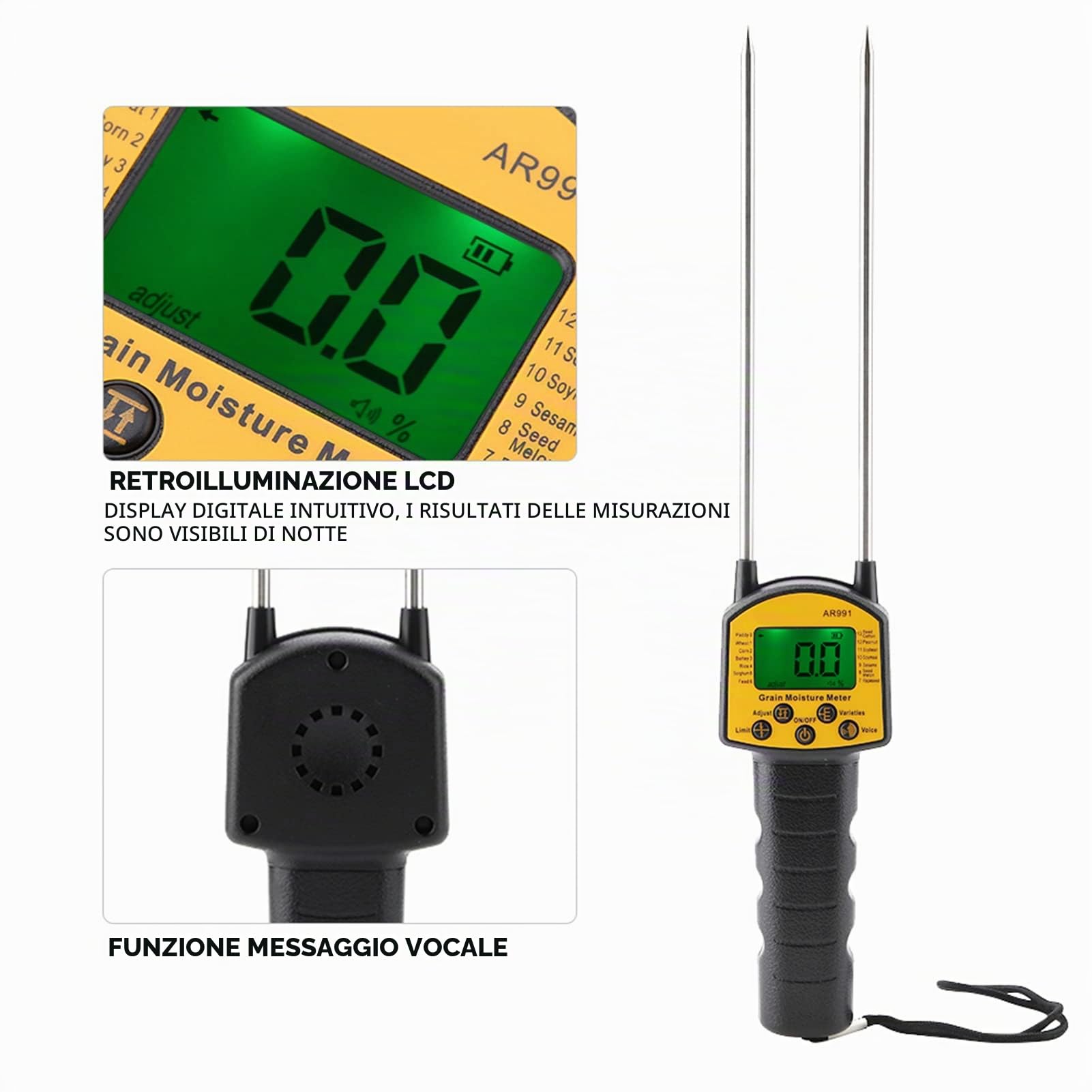 Smart Sensor AR991 Misuratore di Umidità Digitale LCD, per Cereali, Grano, Mais, Riso, Arachidi, Soia, Display Retroilluminato, 425x70x35mm, Sonda in Acciaio a Doppia Asta