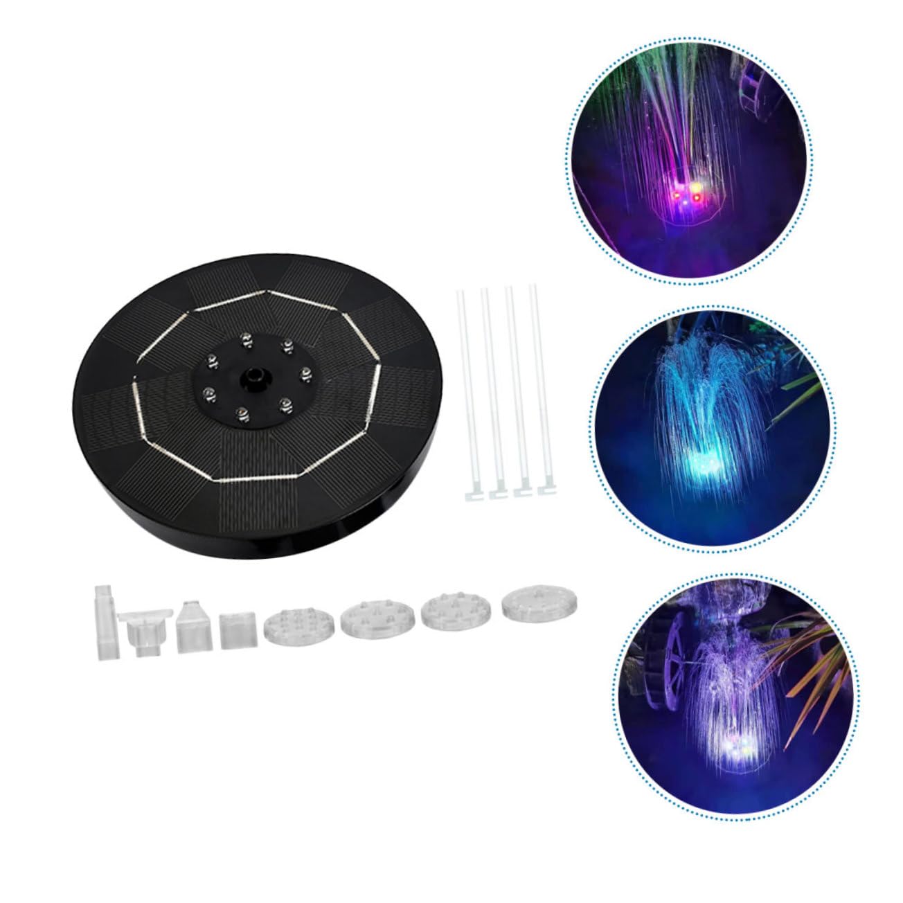 Pompa Fontana Solare 3, 5w LED Colorati per Vasca Uccelli | Nero, Plastico e Pannello Solare, Batteria Ricaricabile 1800mah, Getto Massimo 60cm