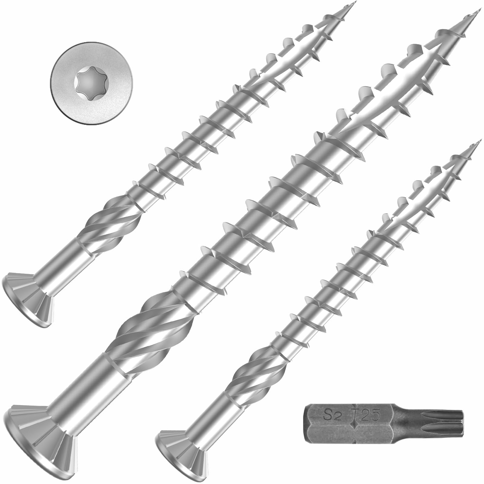 TCO Terrassenschrauben Edelstahl A2 5,0 x 70mm - 500 Stück inklusive S2-Bit, TX 25, Zier-Senkkopf, Sägezahn Gewindeschliff, Cutspitze, Terrassendielen Schrauben für Außenbereich