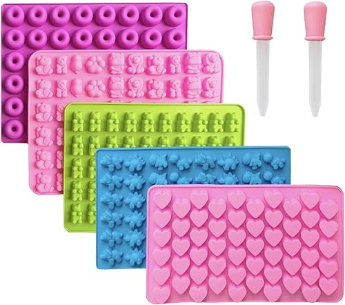 LeLehome Juego de 5 moldes de silicona para gomitas, osos, dinosaurios, animales, donas, 261 cavidades con 2 goteros, antiadherentes, sin BPA para