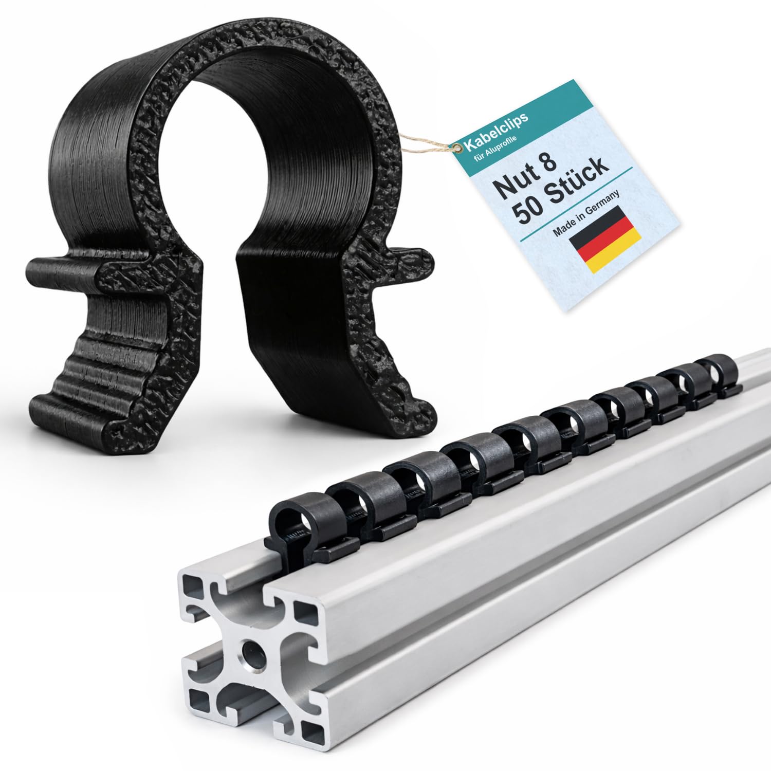 Clips de cable para perfiles de aluminio, ranura 8 I, soporte para cable negro, I Omega I robustos (50)