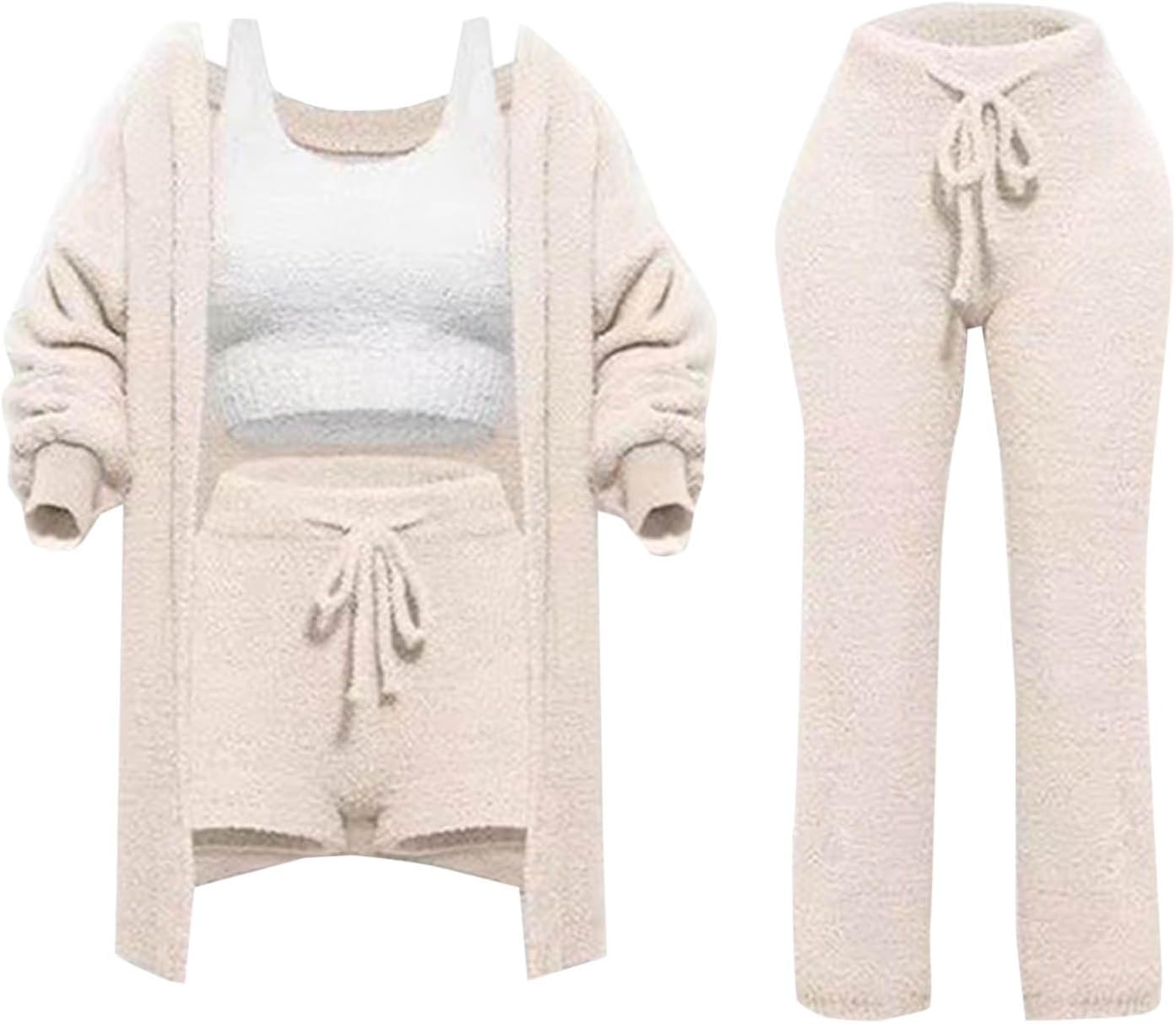 Oplxuo Women's Sexy Warm Fuzzy 4 Piece Outfits Pajamas Set, Sherpa Cardigan Crop Top Bodycon Shorts Pants Set Loungewear