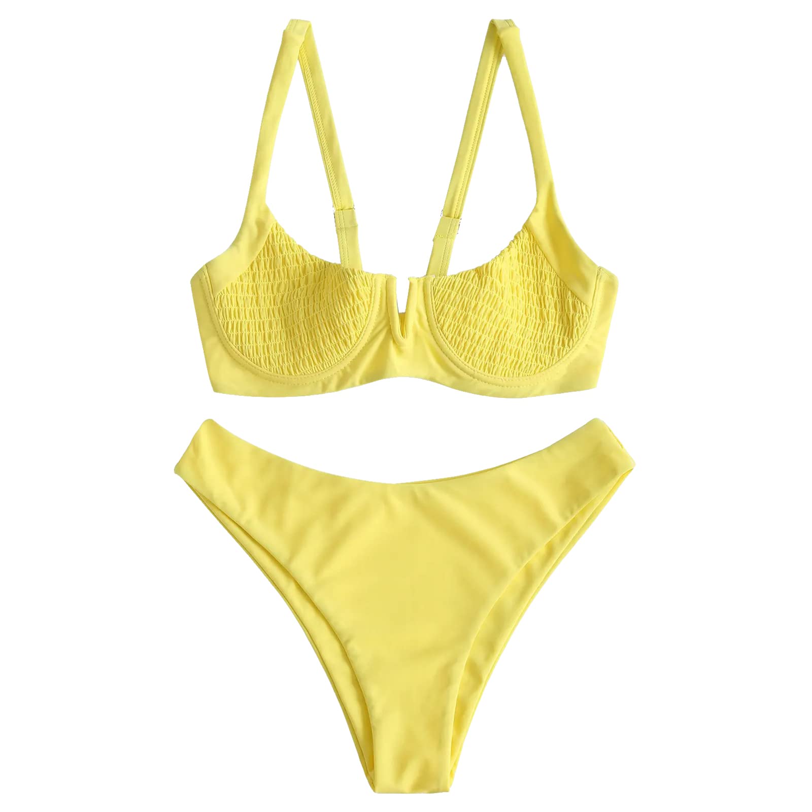 ZAFULWomen's V-Wired Shirred Smocked Ribbed Underwire Bikini Set Ruched High Cut Two Pieces Swimsuit