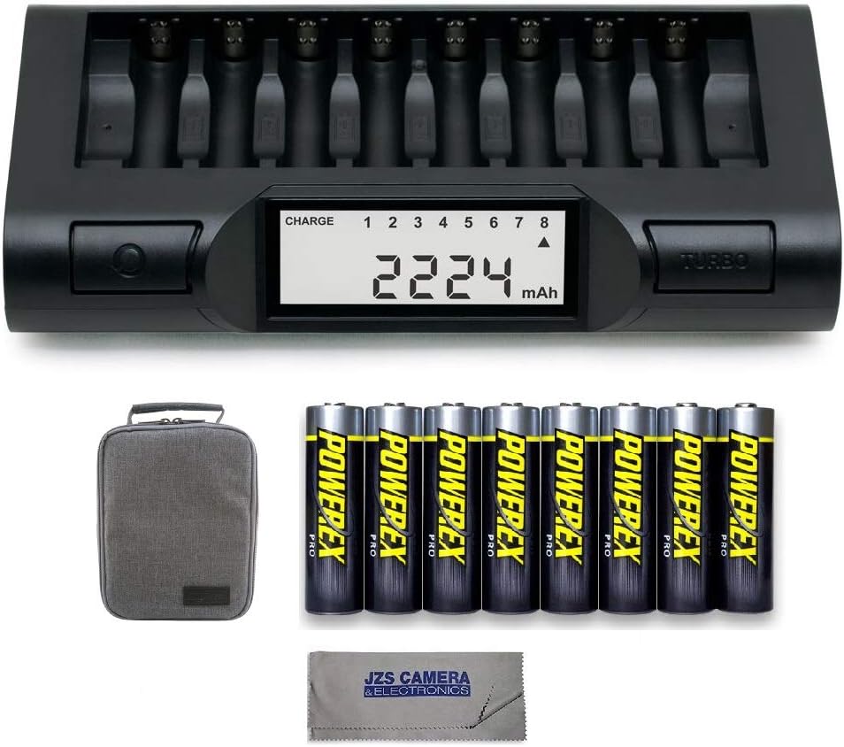 Powerex MH-C980 Turbo Charger Analyzer for AA/AAA Batteries with Powerex Pro Rechargeable AA NiMH Batteries 1.2V, 2700mAh 8-Pack and Powerex Accessory Padded Bag Travel Kit (New 2019 Model)