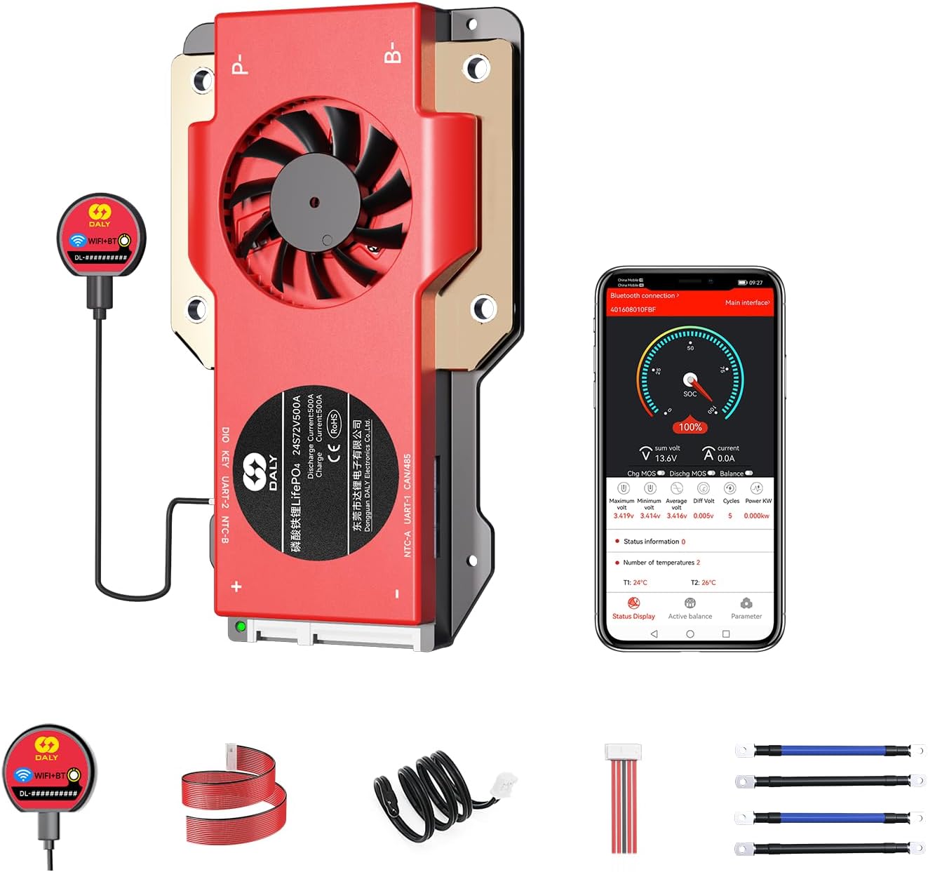 DALY Smart BMS 4S-16S 40A-500A with WiFi Module and CAN 485 Communication Protection Board for LifePO4 Lithium Battery Pack (Smart BMS 8S 24V๏ผ500A)
