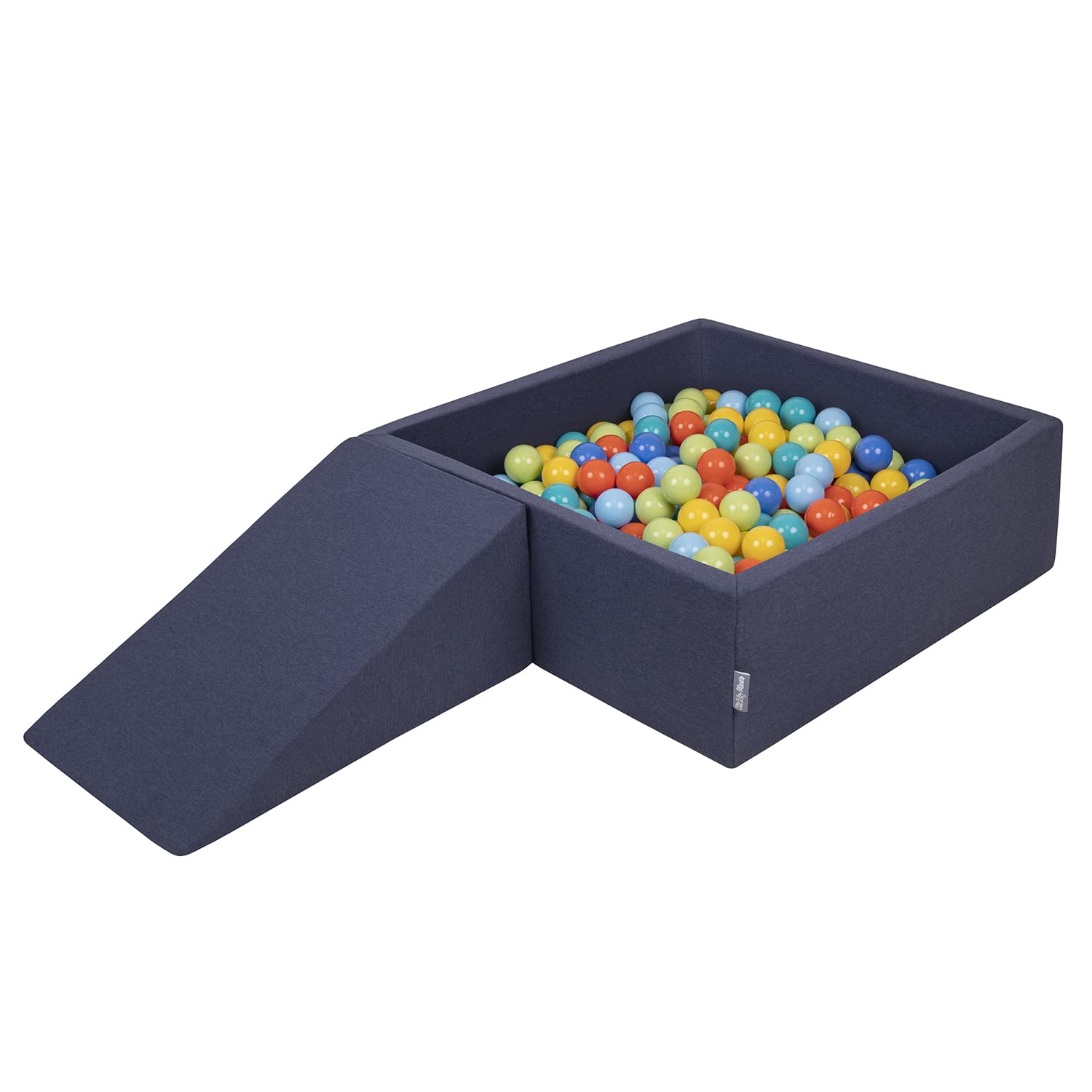 KiddyMoon Foam Playground For Kids With Square Ballpit (100 Balls ∅ 7Cm/2.75In) Soft Obstacles Course And Ball Pool, Made In The EU, Darkblue:Lgreen/Orange/Turquoise/Blue/Bblue/Yellow