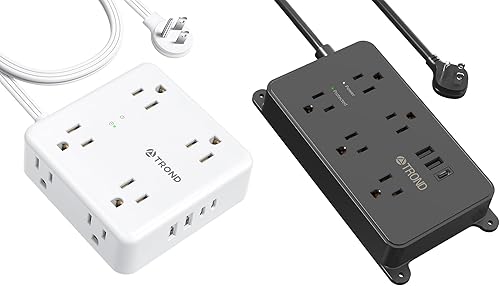 TROND 5 tomacorrientes ampliamente espaciados con 3 puertos USB (1 USB C), certificación ETL, montaje en pared y tira de alimentación TROND de 5