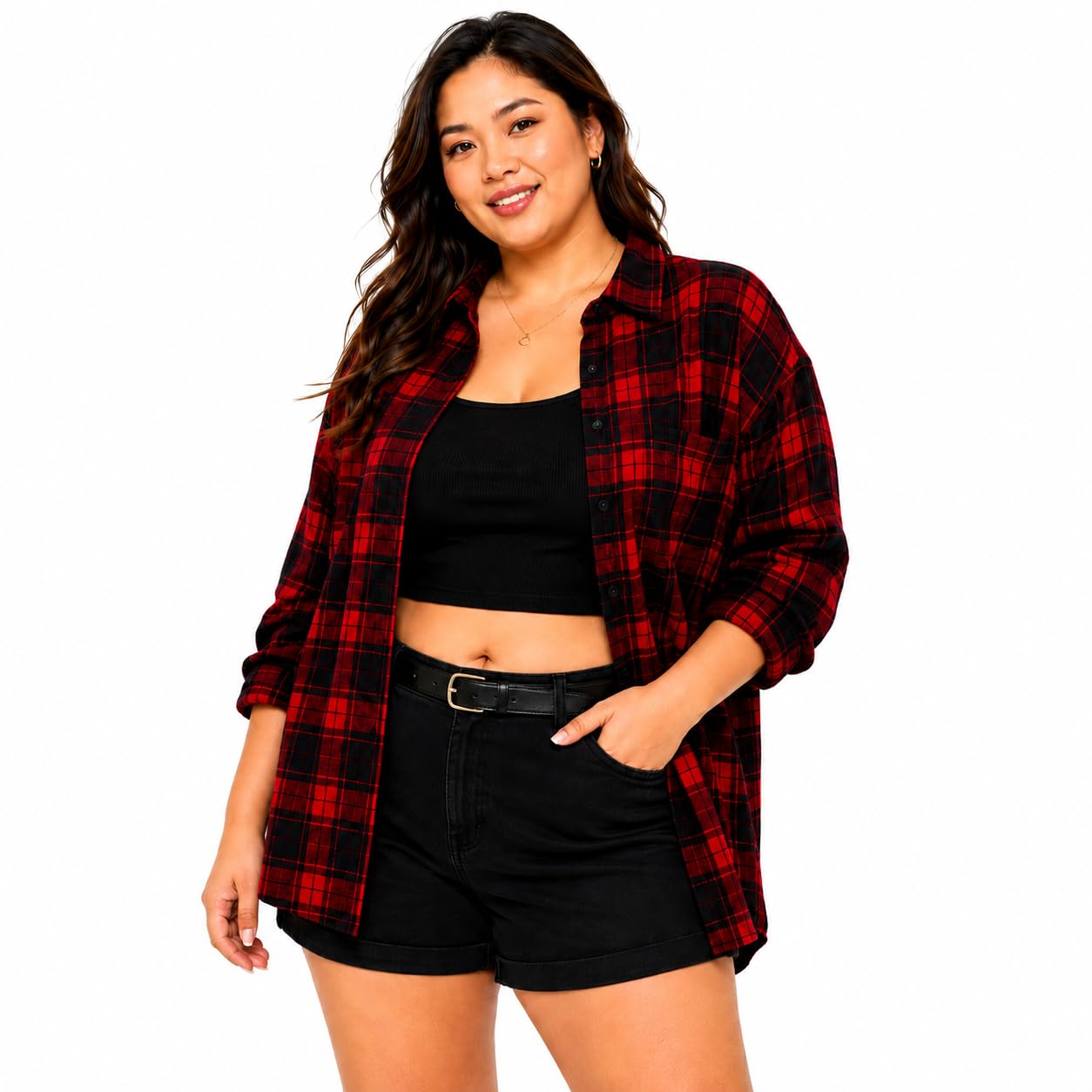 designally Women's Plus Size Red and Black Plaid Flannel Shirt, Long Sleeve, Button-Down, Casual Style-picture-37