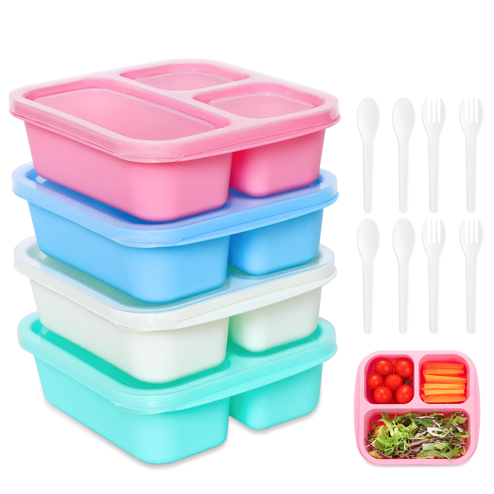 Bugucat Snack Boxes 600ML, 4 Pack Snack Containers with 3 Compartments, Reusable Bento Snack Box for Kids Adults, Microwave & Dishwasher Safe, BPA Free