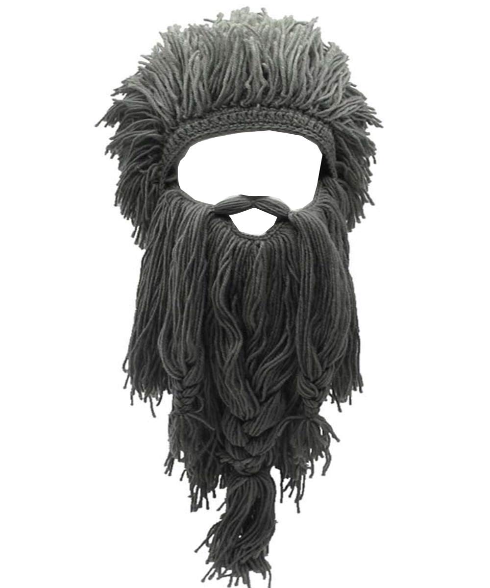 Yekeyi Men's Gray Barbarian Knit Long Beard Hat Adult Viking Fake Hair Wig Visor Knitted Wool Funny Skull Cap