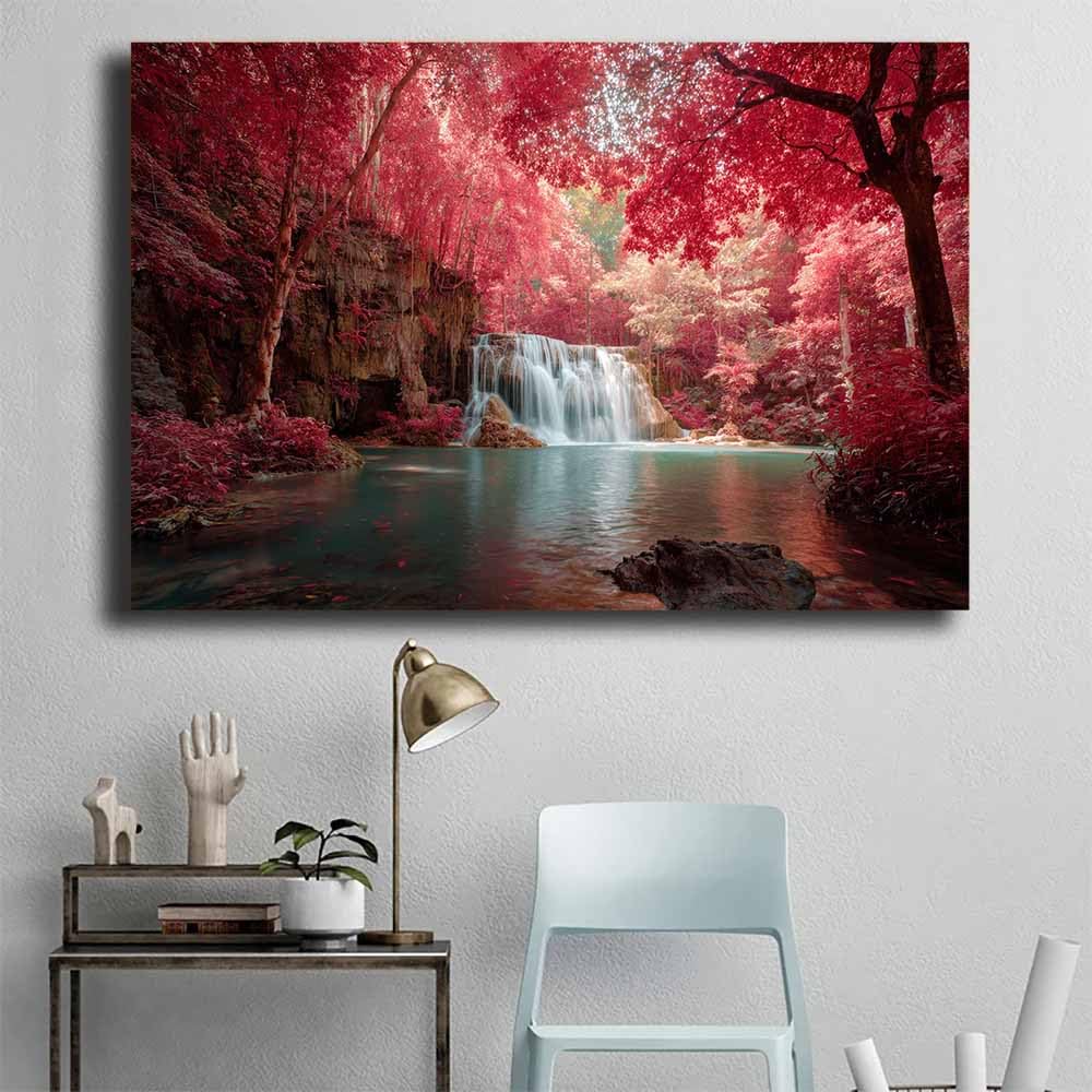 ZAMAEIU Paysage Tableau Sur Toile Forêts pourpres Bassin décorations murales, decoration maison, Convient pour le salon, la chambre, le bureau, etc.(rouge)-70x100cm Encadrée