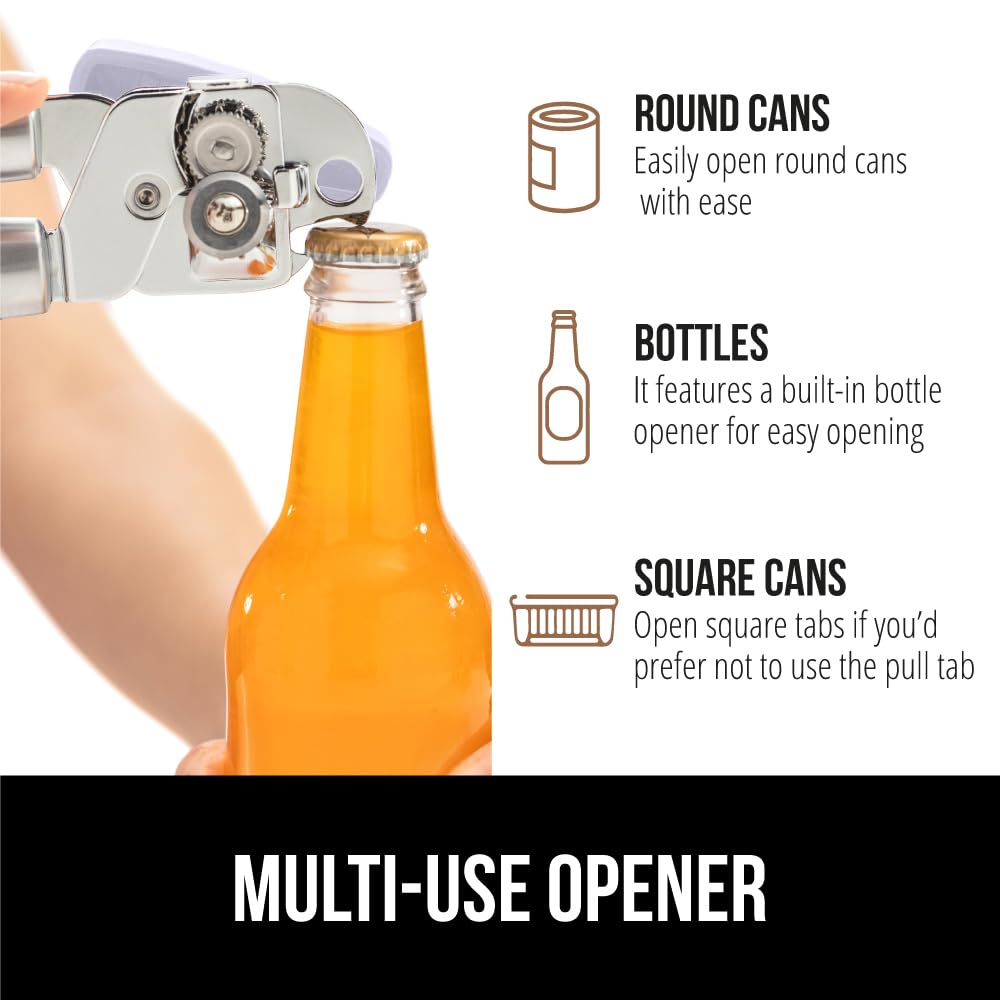 The Original GORILLA GRIP Heavy Duty Stainless Steel Smooth Edge Manual Can Opener and Bottle Openers, Soft Handle, Rust Proof Oversized Handheld Easy Turn Knob, Multifunctional Kitchen Tool, Lavender