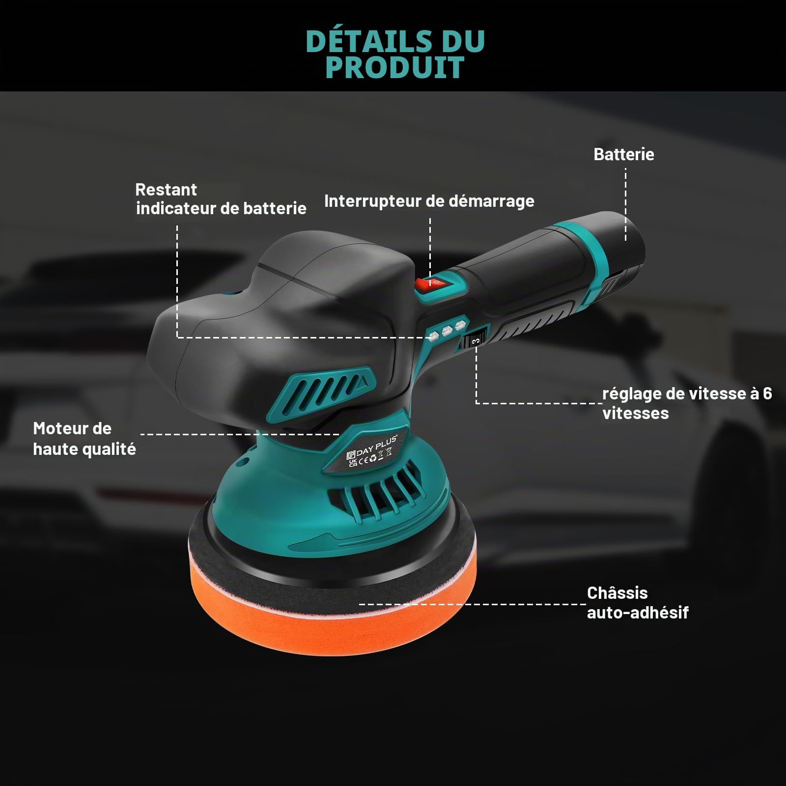 Polisseuse pour voiture à batterie, ensemble de polissage pour voiture à 6 vitesses variables 2800-5500 tr/min, 24 pièces d'embouts, 2 x batterie 12V 2,0 Ah - Polisseuse pour voiture pour l'entretien