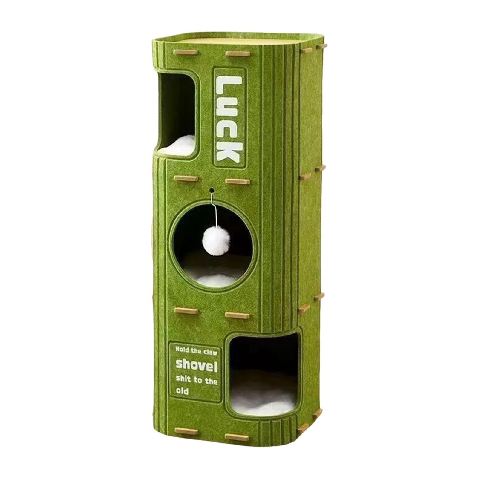 Cama Cueva para Gatos de 3 Pisos, para Gatos con Juguete Colgante en Forma de Bola, Cubierto, Condominio para Varios Gatos, Gat, Verde