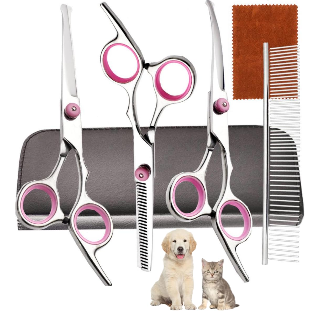 Dog Grooming Scissors - Professional Pet Grooming Kit with Flea Comb - Safety Round Tips Dog Thinning Scissors (Pink) Set of 6