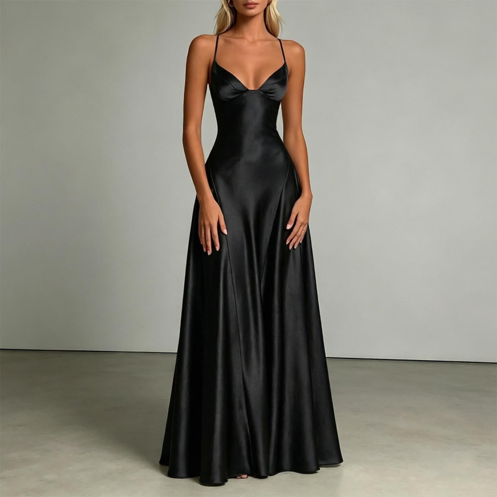 Elegante vestido de verano para mujer, con tirantes de satén, entallado, falda larga, vestido de verano | Vestido festivo de satén con falda ancha, ajuste entallado, ideal para bodas y vacaciones