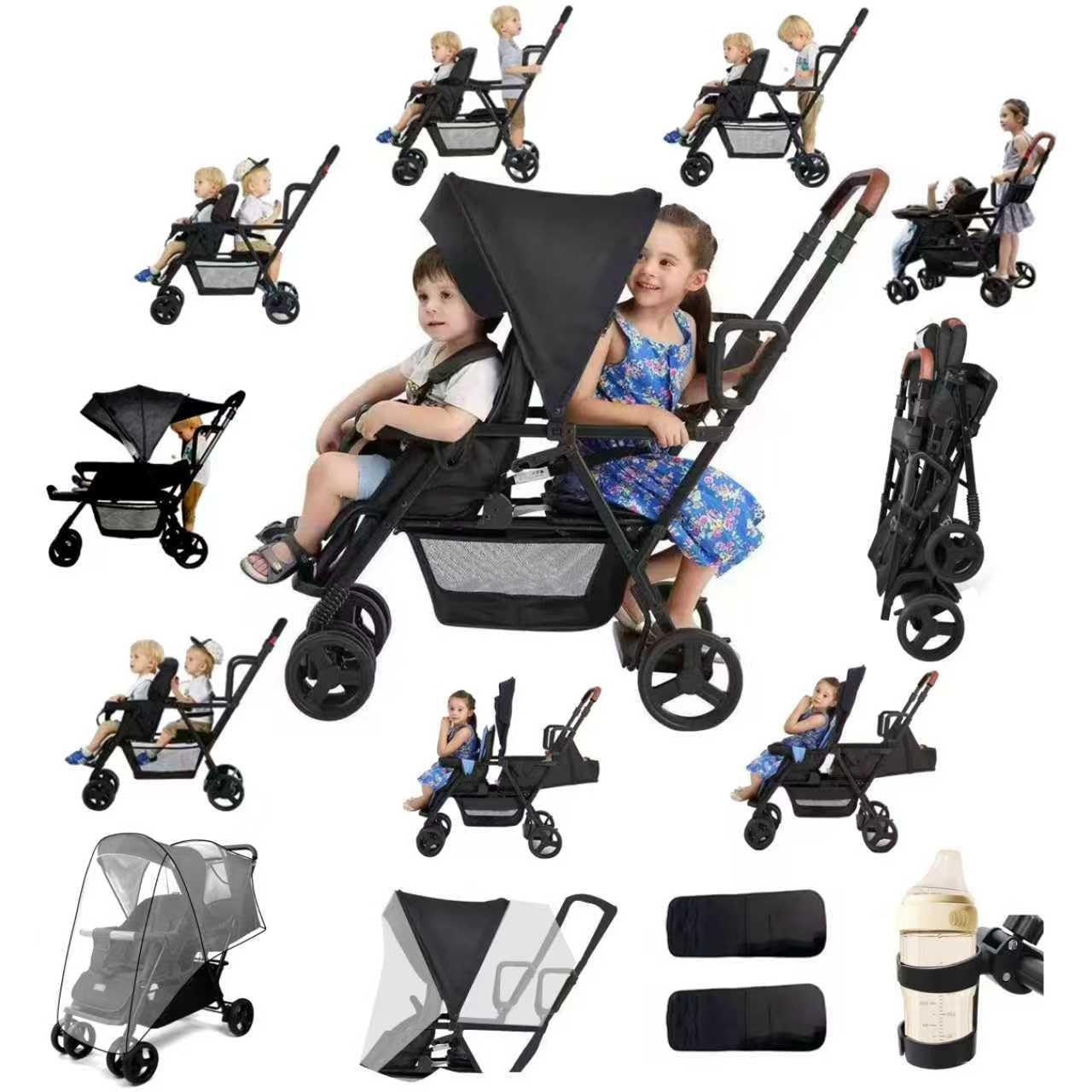Rexhan Twin Baby Pram, 2 in 1 Foldable Double Baby Buggy