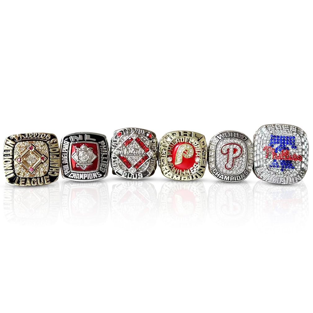RyDdpz GIFT SET PHILADELPHIA COMMEMORATIVE RINGS FOR 6-TIMES BASEBALL CHAMPIONSHIPS, 6 RINGS SET WITH 6-HOLE WOODEN DISPLAY BOX PACKAGING, HOLIDAY GIFT FOR BASEBALL FANS