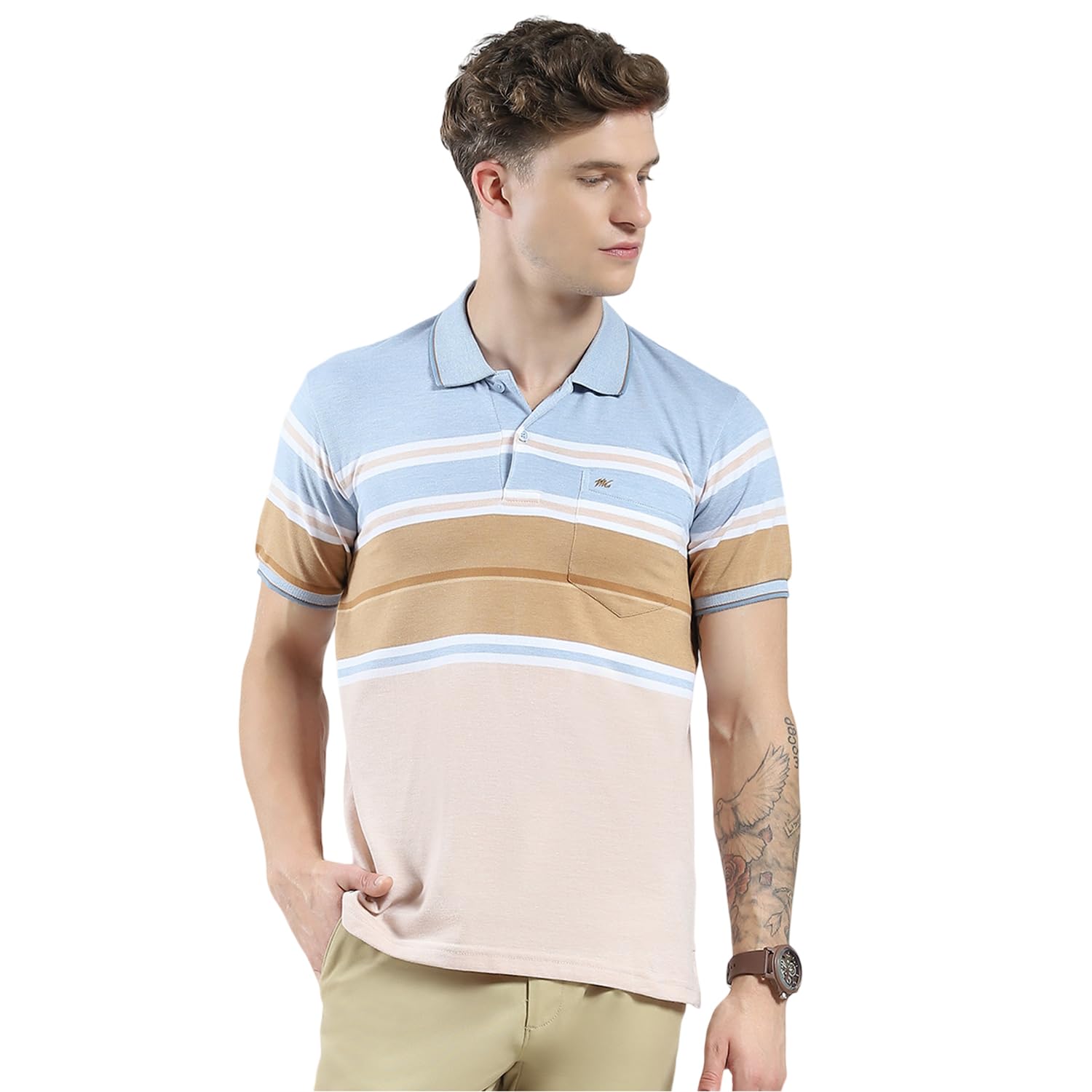 Monte Carlo Men's Regular Fit Polo T-Shirt | Striped Pattern| Half Sleeve | Collared Neck | Casual Wear T Shirt for Men's Blue S -(Pack of 1)-picture-16