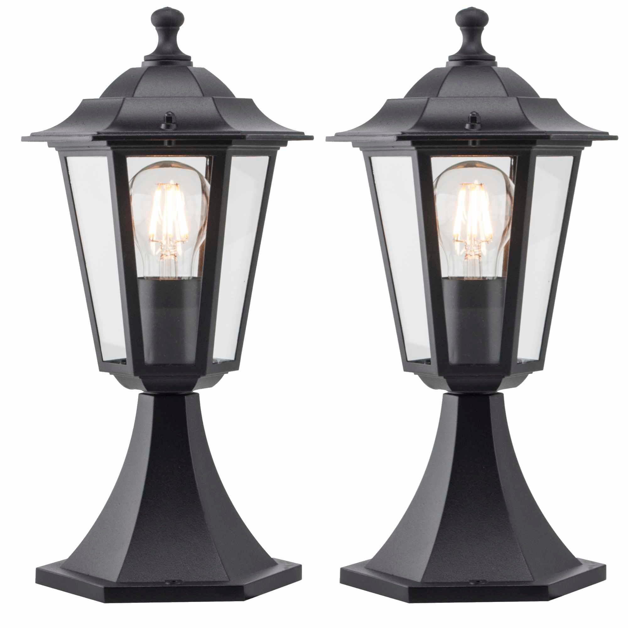 Firstchoicelighting Black & Clear Set Of 2 Black Outdoor Ip44 Lantern Design Post Garden Pedestal Lights