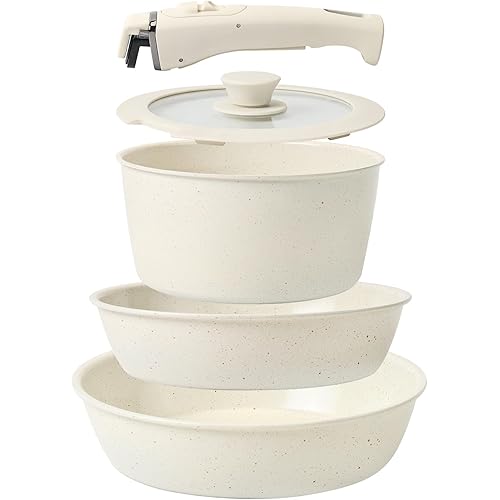 Pots and Pans Set Non Stick, Ceramic Cookware Set Nonstick Frying Pans 5 Pcs-Non Toxic PFAS/PFOA/PTFE Free, with Detachable Handle for RV Kitchen, Induction & Dishwasher Safe Cream White