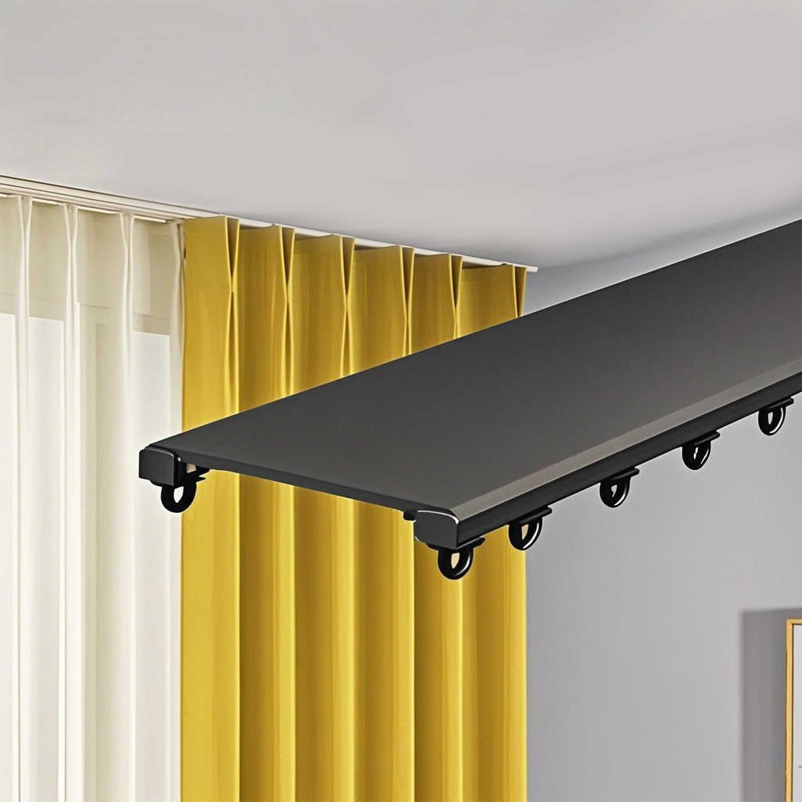 Slim Ceiling Double Curtain Track, Heavy Duty Aluminium Curtain Rail with Silent Rollers, Conjoined Dual Track System for Living Room Bedroom Bathroom and Room Divider(Black,280cm/9.2ft(2*140cm))