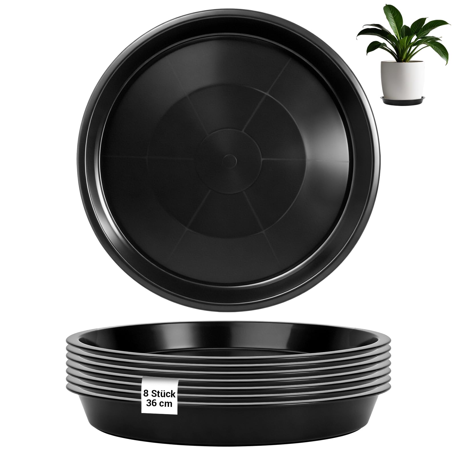 Soucoupes pour pot de fleurs plastique noir 36cm : lot de 8 coupelles rondes pour plante