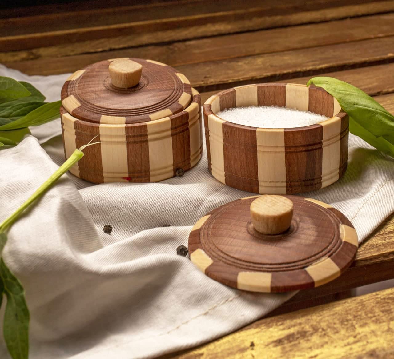 Buy 2 pcs Wood Retro Dual Salt Cellar with Lid Natural Wood Hard Salt