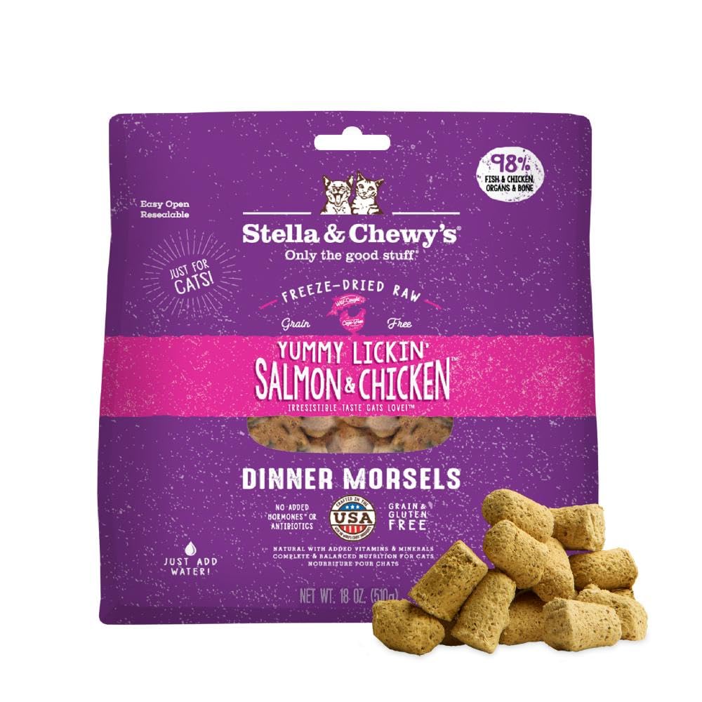 Stella & Chewy's Freeze-Dried Raw Cat Dinner Morsels - Premium Salmon & Chicken Recipe with 98% Wild-Caught & Cage-Free Protein - Natural Grain-Free Cat & Kitten Food - Made in USA - 18 oz