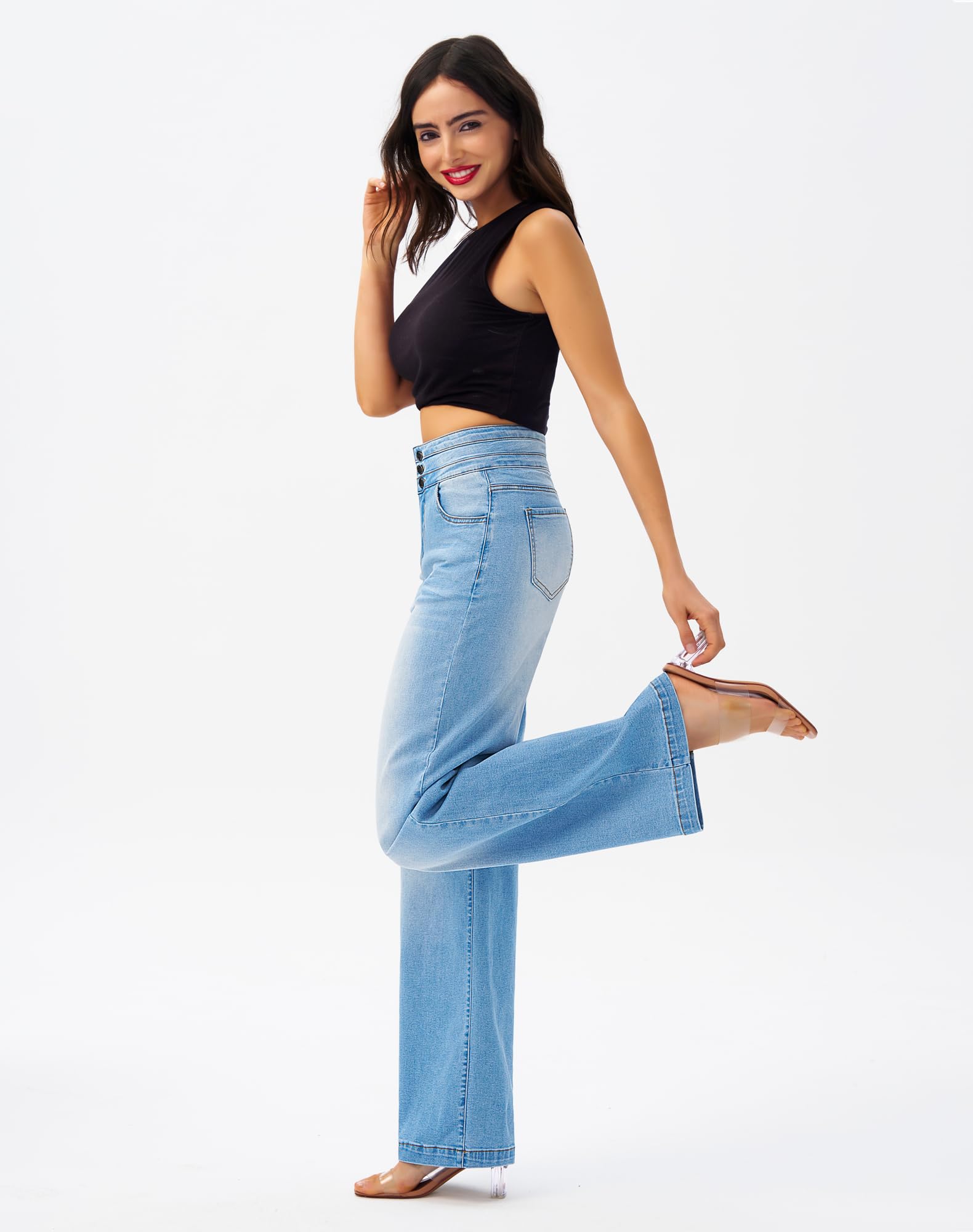 roswear Damen Jeans mit weitem Bein, leger, hohe Taille, Stretch, lockere Denim-Hose