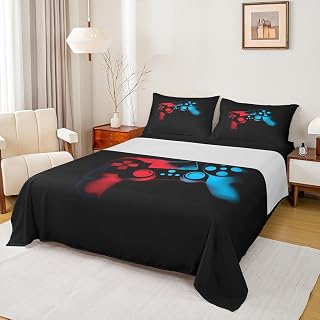 Manfei Reversible Gamepad Kids Sheet Queen Size,Game Video Gaming Classic Games Easy Wash Bedding Set,Retro Novelty Tie Dye Kids Room Decor,Black Red Blue Sheet(Fitted+Flat+2 Pillowcases)