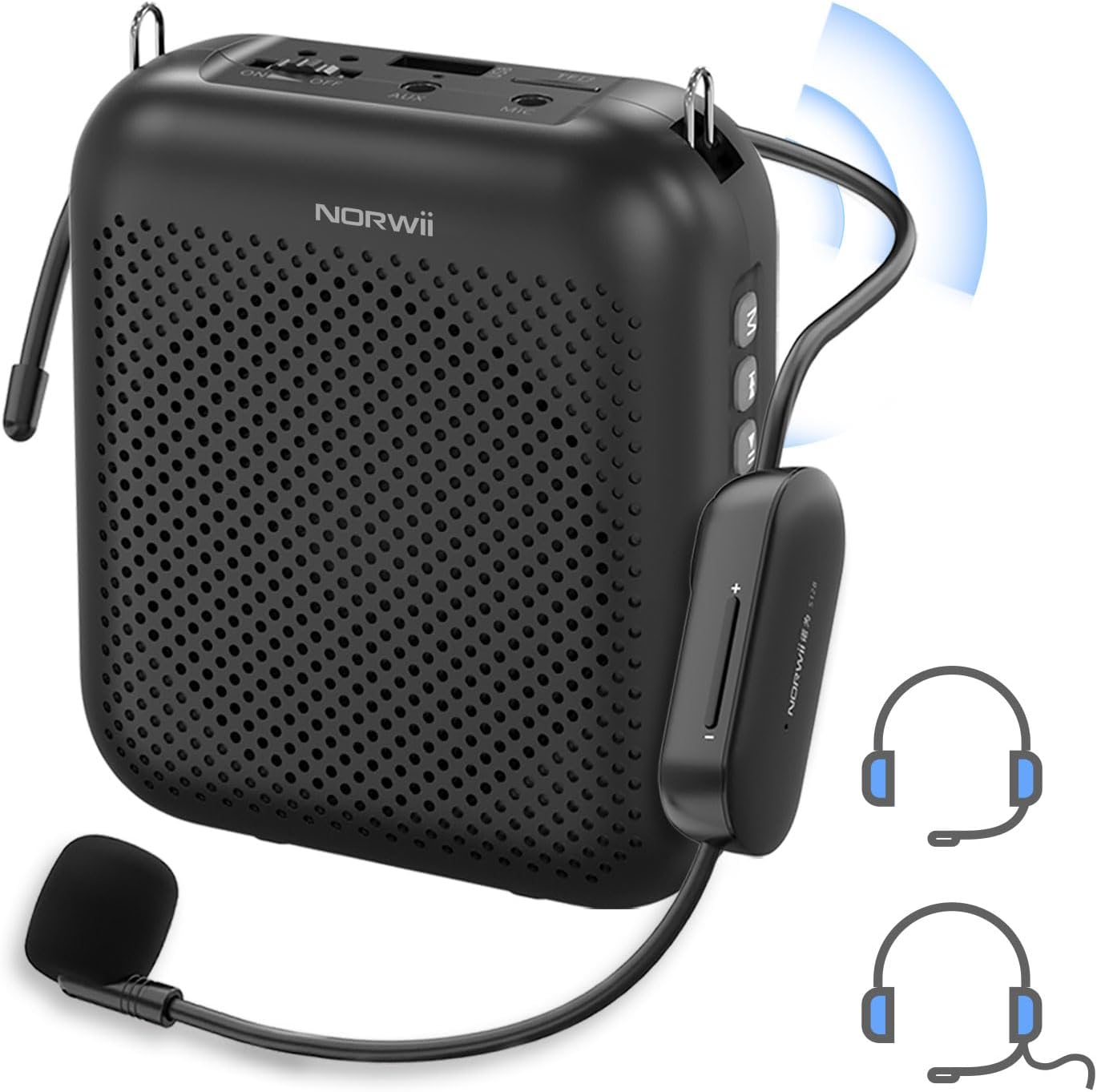 Norwii Voice Amplifier Wireless Microphone, 4000mAh Portable Rechargeable Bluetooth Mini Personal Speaker with 2 Headset Microphones for Teachers, Classroom, Meetings and Tour, Black