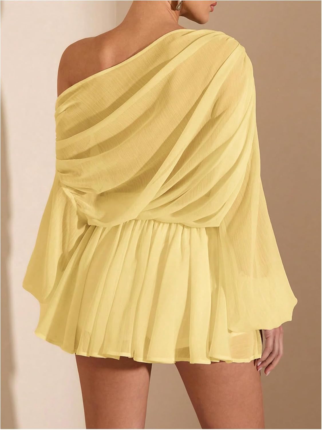 MakeMeChic Women's 2 Piece Party Outfit Asymmetrical Neck Lantern Sleeve Blouse and Floral Shorts Set - Image 3