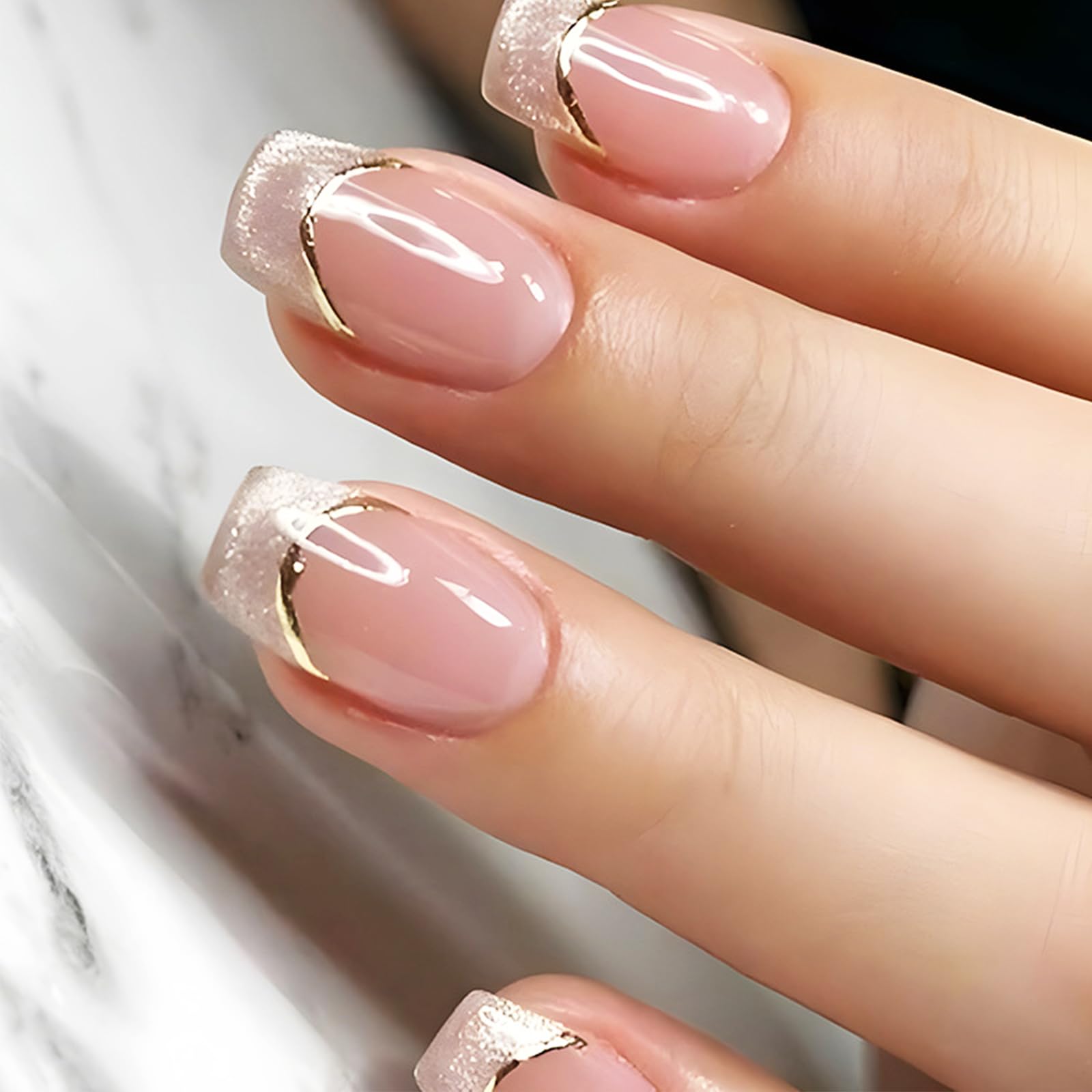 Cat Eye Press on Nails Sparkly Polish Gel Glue on Fingernails 24Pcs French Tips Short Square Fake Nails Glossy Gold Curve Line Stick on Nail Acrylic