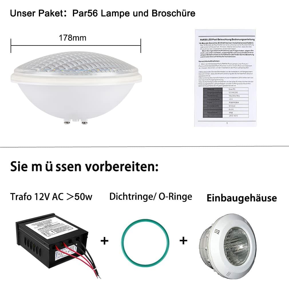 LED PAR56 36 W, PC bianco freddo, illuminazione per piscina, 12 V, 6000 K, Ip68, luce subacquea, illuminazione a LED per piscina, illuminazione a LED per piscina