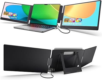 KYY 15.6" Laptop Monitor Extender Portable Triple Monitor 1080P FHD IPS Dual Monitor, One Cable USB C Travel for 12-17.3'' Laptop, 360 Rotation & Kickstand X90D Black
